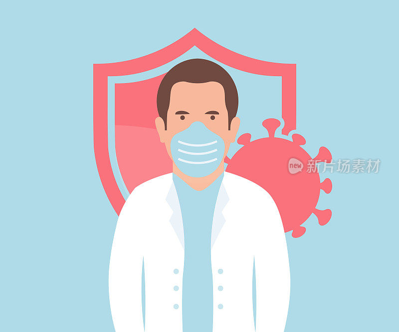 Doctor from hospital, therapist, medical staff. Doctor Virus and shield, antibacterial protection. Doctor, surgeon, physician, paramedic Health Care сoncept vector design and illustration.